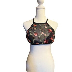 Xhilaration Black Floral Embroidered Bikini Top-XS